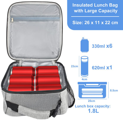 IWTTWY Insulated Lunch Bag, Leakproof Portable Lunch Box for Women Men Boys Girls, Large Capacity Cooler Bag with Handle and Bottle Pocket for Office School Camping Hiking Outdoor Beach Picnic (Grey)
