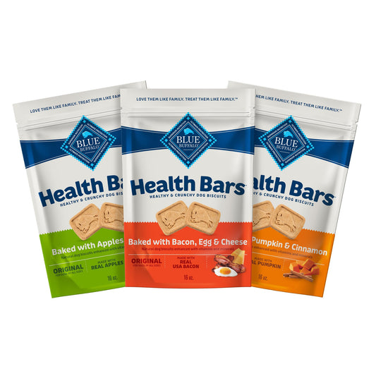 Blue Buffalo Health Bars Crunchy Dog Biscuits, Variety Pack, Bacon, Egg & Cheese, Apple & Yogurt, Pumpkin & Cinnamon, 16-oz Bags