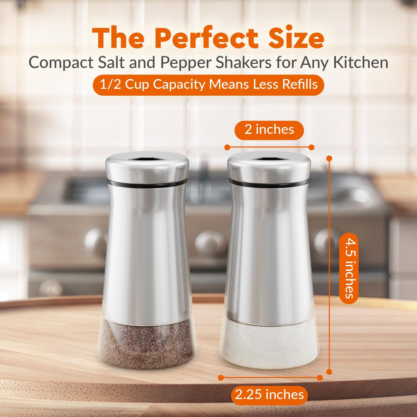 HOME EC Original Salt and Pepper Shakers Set with Adjustable Pour Holes - Glass and Stainless Steel Salt Shaker and Pepper Shaker - Farmhouse Spice dispenser for salts, ground peppercorn and spices