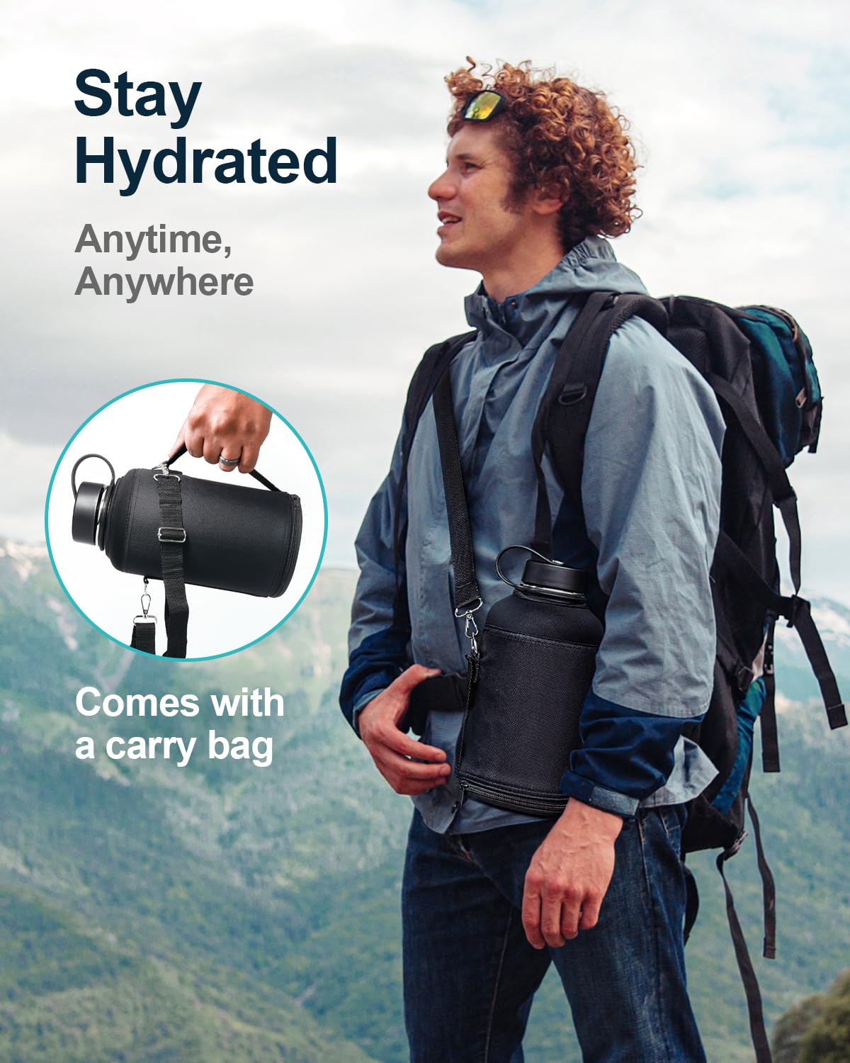 BUZIO 1180ml Insulated Water Bottle with Straw Lid and Flex Cap, 40oz Stainless Steel Drinking Bottle (Keep Cold 48 Hrs/Hot 24 Hrs) Metal Flask Leakproof Wide Mouth Thermo Canteen for Sports, Black