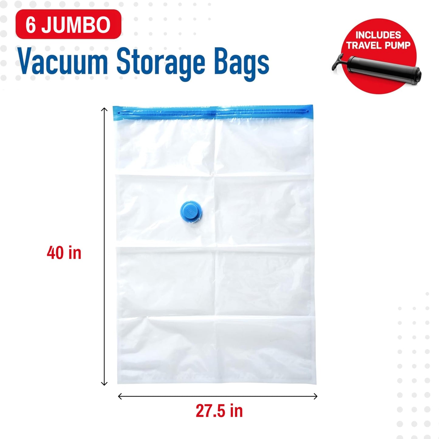 6 Pack Jumbo Vacuum Storage Bags for Comforters, Blankets & Clothes – Jumbo Vacuum Sealed Compression Bags with Hand Pump – Space Saver Storage Bags for Bedding, Moving, Travel & Organization