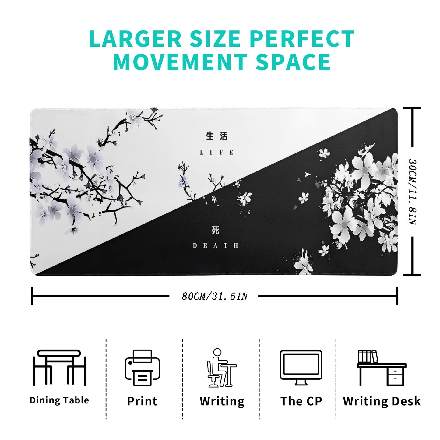 Black and White Japanese Cherry Blossom Gaming Mouse Pad Sakura Death Life Flower Mat 31.5x11.8 Inch Texture Non-Slip Rubber Base Mousepad Stitched Edges Keyboard Desk Pad for Office Home Game