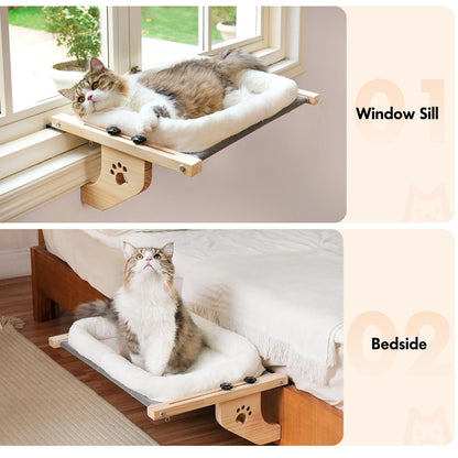 AMOSIJOY Cat Sill Window Perch Sturdy Hammock Window Seat with Cushion Bed Cover, Wood & Metal Frame for Large Cats, Easy to Adjust Cat Bed for Windowsill, Bedside, Drawer and Cabinet (M)