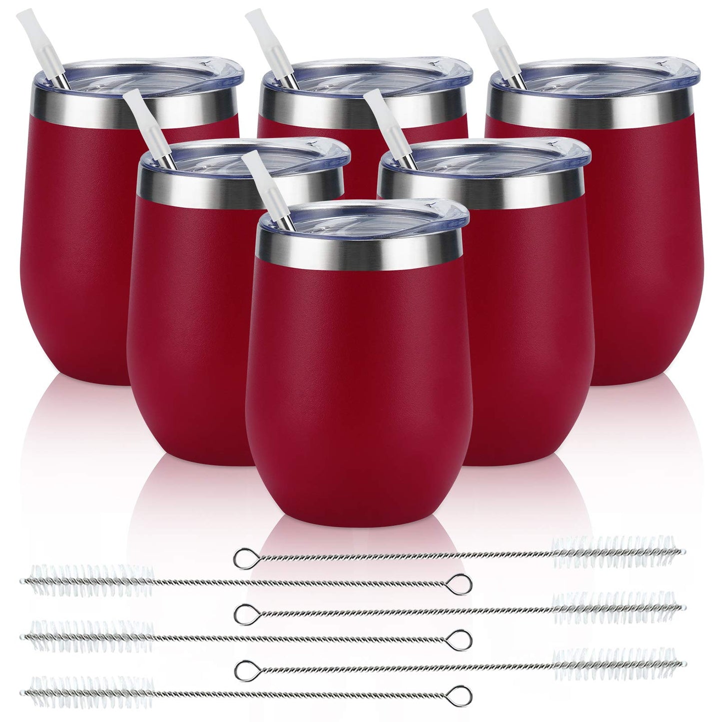 6 Pack Stainless Steel Wine Tumblers, 12Oz Insulated Wine Tumbler, Double Wall Insulated Wine Glass, Stainless Steel Stemless Wine Cups with Lids for Coffee, Wine, Cocktails, Champaign, Wine Red