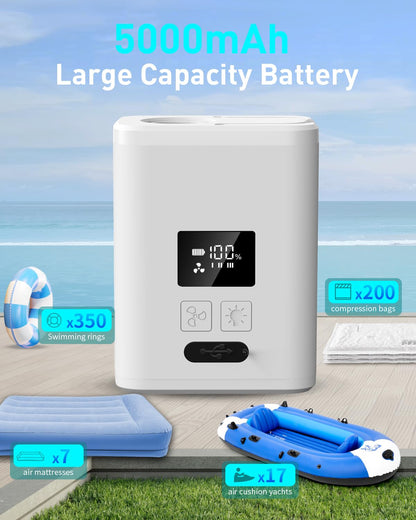 Air Pump for Inflatables Mini Air Mattress Pump Portable Electric Air Pump for Pool Floats,Swimming Rings, Sleeping Pads, Vacuum Storage Bags 5X with 5000mAh Battery & Light, USB Rechargeable