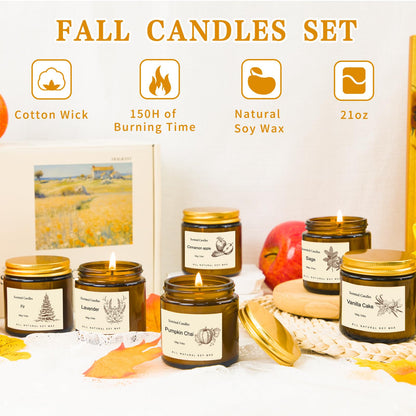 6 Pack Fall Candles Set,Scented Candles for Home, Aromatherapy Gifts for Women Men, Fall Winter Holiday Natural Soy Candles Set for Birthday, Mother's Valentines Day Gifts for Her
