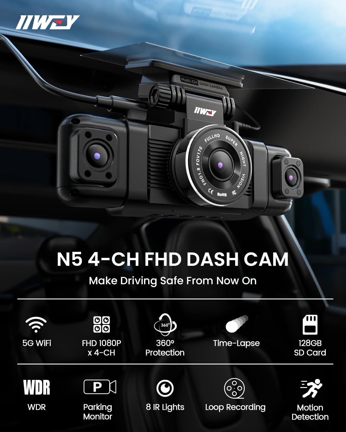 IIWEY N5 4 Channel Dash Cam 360° View, 1080P Front and Rear Inside, Left Right Dash Camera for Cars, 8 IR Lamps Night Vision, 5G WiFi & APP Control, G-Sensor, Parking Mode, with a Free 128GB SD Card