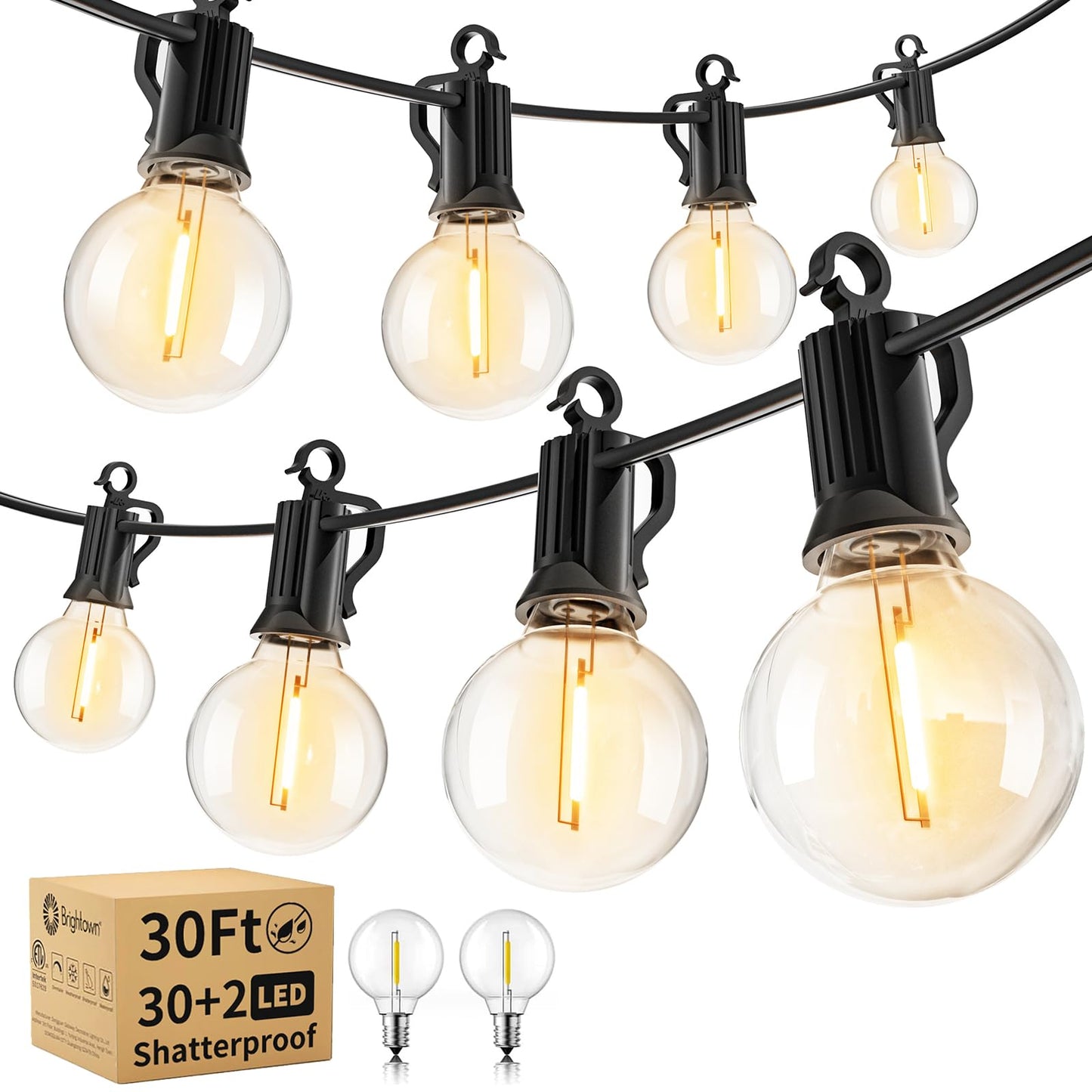 Brightown Outdoor String Lights - Waterproof Globe Patio Lights 30 Ft with 30 G40 Shatterproof LED Bulbs, Connectable Commercial Hanging Light for Backyard, Bistro, Porch, Cafe, Deck, Garden