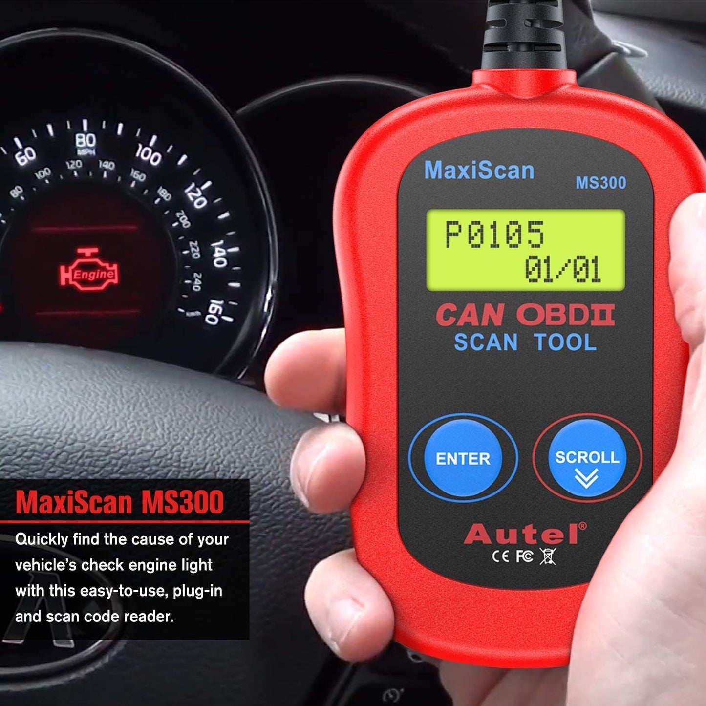 Autel MS300 OBD2 Scanner Code Reader, Turn Off Check Engine Light, Read & Erase Fault Codes, Check Emission Monitor Status CAN Diagnostic Scan Tool