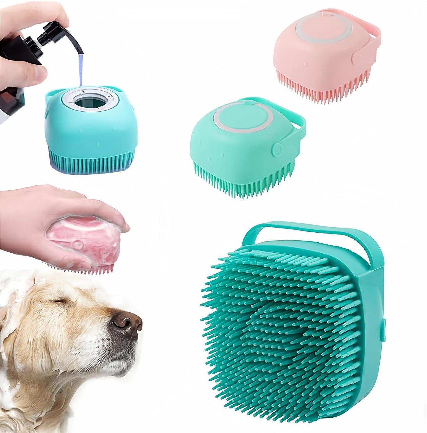 Bath Brush Scrubber Soft Silicone Pet Shower Grooming Shampoo Massage Dispenser For Short Long Haired Dogs And Cats (Blue+Pink)