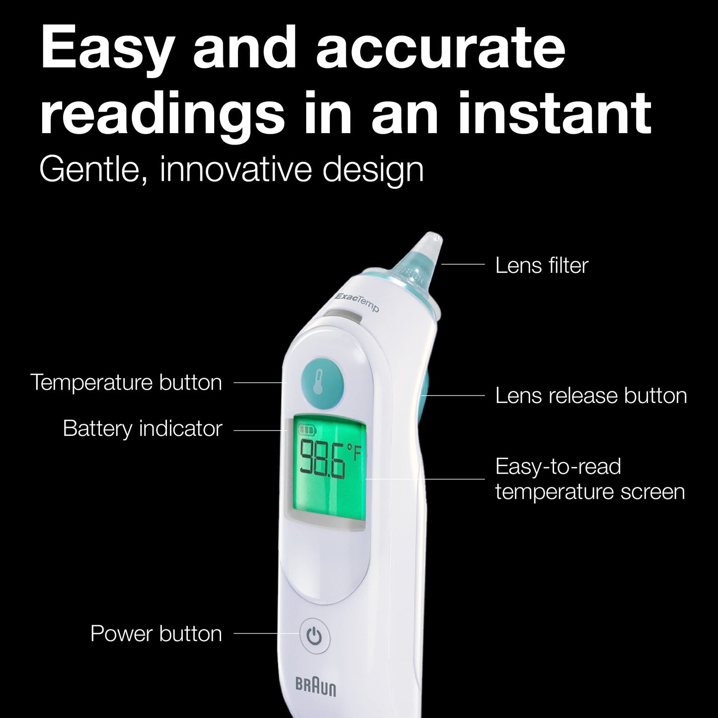 Braun ThermoScan 6 Ear Thermometer with Color-Coded Digital Display, ExacTemp Stability Indicator, Baby and Infant Friendly, No. 1 Brand Recommended by Pediatricians, IRT6515