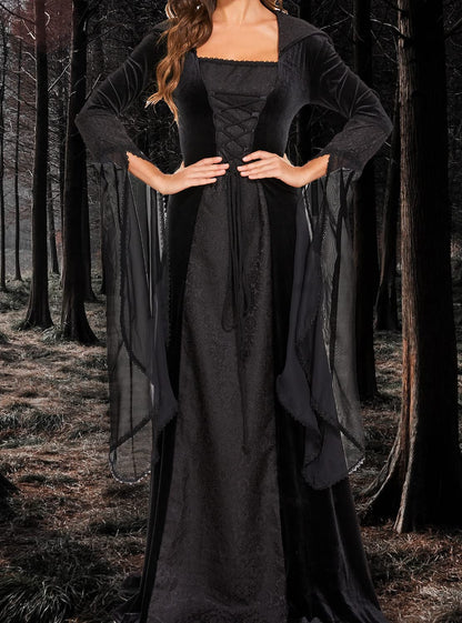 BITSEACOCO Deluxe Witch Dress Costume for Women, Vintage Embroidered Renaissance Victorian Gothic Hooded Vampire Gown Dress Cosplay (Black, L)