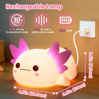 Huggwaii Squishy Axolotl Night Light for Kids, 4 Soothing White Noise Sounds, Dimmable Silicone Axolotl Toddler Lamp, 2025 Upgraded Rechargeable Nightlight, 9H Battery, Baby & Girl Room Decor Gifts