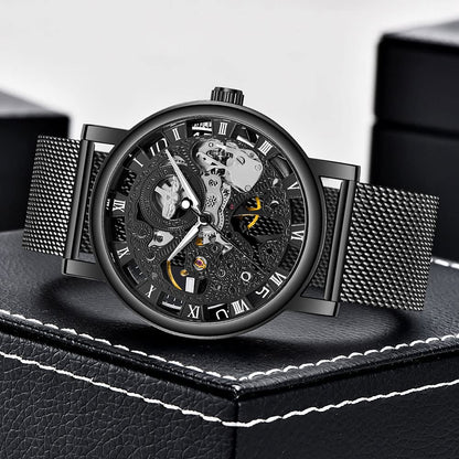 Whodoit Men's Mesh Strap Mechanical Skeleton Watch