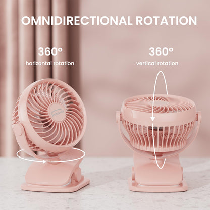 AA Battery Operated Clip-On Fan with Aroma, 4 Speeds, 5-inch Small Personal Fans for Baby Stroller, USB Powered, Quiet, 360° Rotation for Desk/Dorm/Camp/Golf Cart, Portable Home/Office/Bed Use