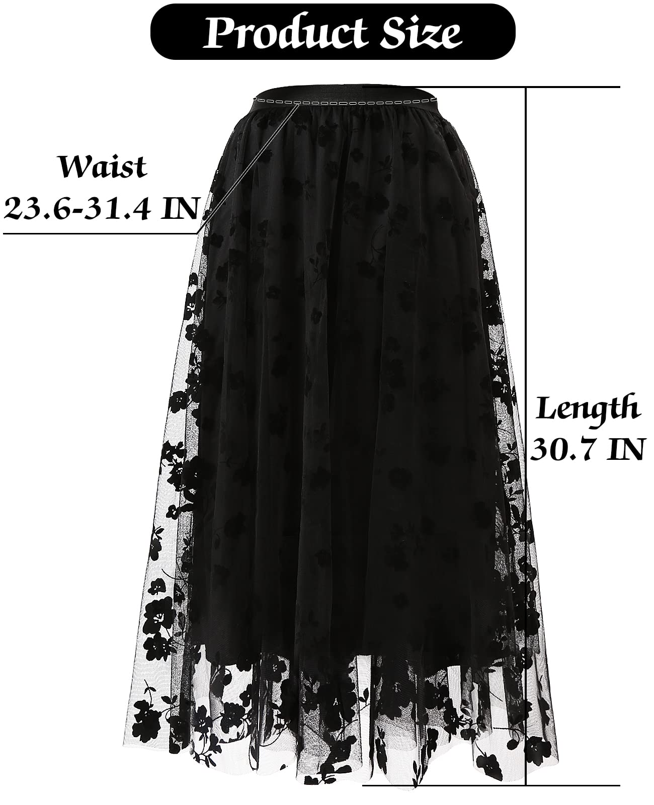 Women's A Line Tulle Midi Skirt Tutu Tiered Petticoat Skirts Tea-Length Elastic Waist Tutu Skirts (Flower Black 2 Layer)