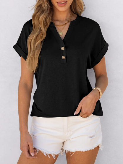 ANRABESS Womens Short Sleeve Henley Tops V Neck Dressy Casual Blouses Summer Trendy Tee Shirts 2025 Vacation Fashion Clothes Black XL