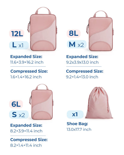BAGSMART Compression Packing Cubes for Travel, 6 Set Packing Cubes for Suitcases, Compression Suitcases Organizers Bag Set for Travel Essentials, Lightweight Packing Organizers Baby Pink