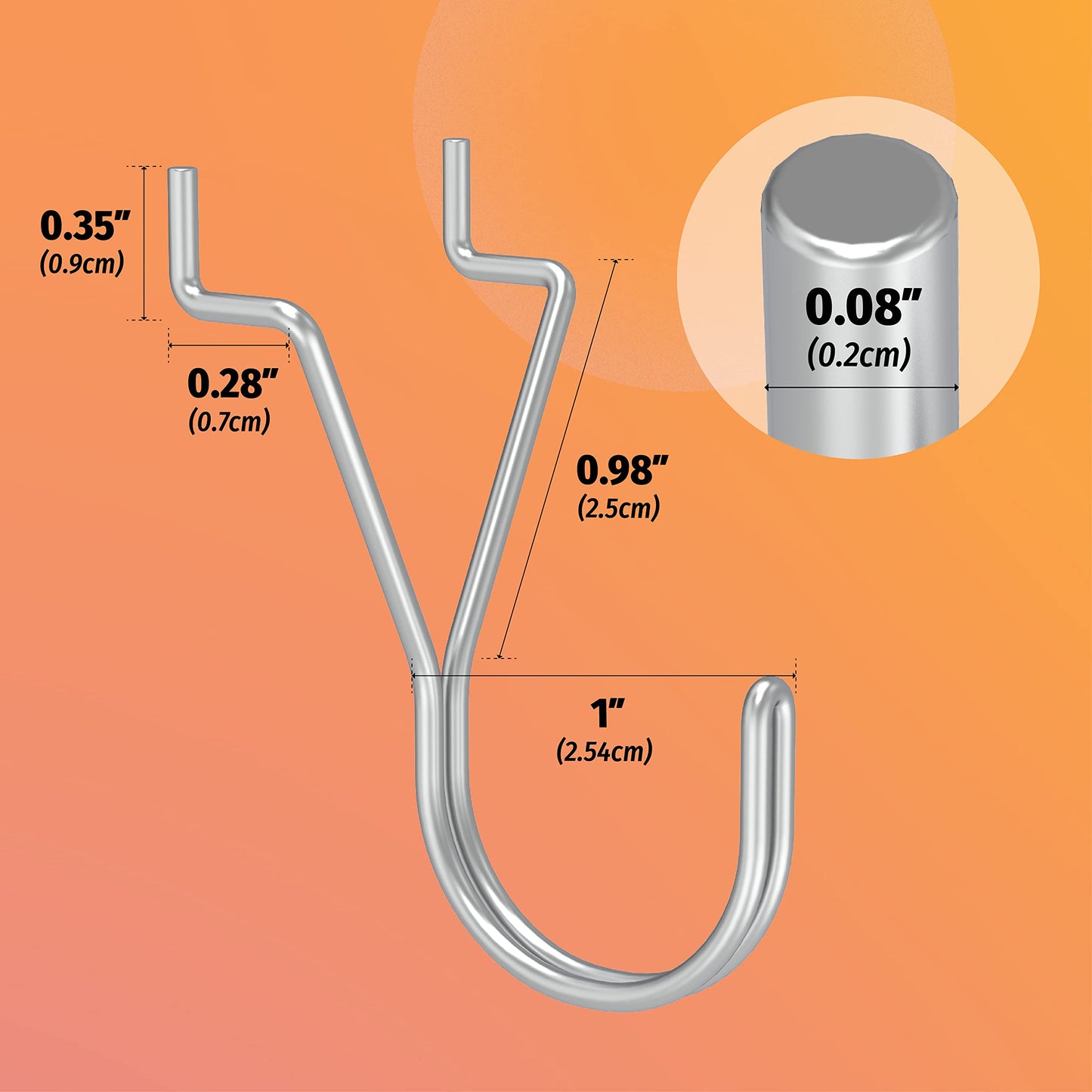 HUHOLE Pegboard Hooks, J-Hook, 1 Inch Silver Pegs 40 Pack, Ideal Display Hooks for Hanging Jewelry, Necklaces, Keys, Small Tools, Will Not Fall Out, Fit 1/8”, 3/16” Peg Boards