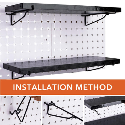 Black Pegboard Shelf, 4 Pack Wooden Pegboard Shelves with Metal Brackets Hooks, Heavy Duty Peg Board Organizer Shelves, Pegboard Accessories Organizer for Crafts Room, Garage, Workbench, Office