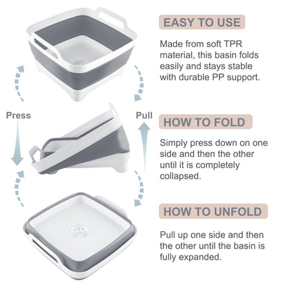 2.4 Gal(9L) Collapsible Dish Basin with Drain Plug, Space Saving Outdoor Multiuse Foldable Sink Tub, Dishpan, Kitchen Storage Tray for Camping, Vegetable Washing, RV (Gray)