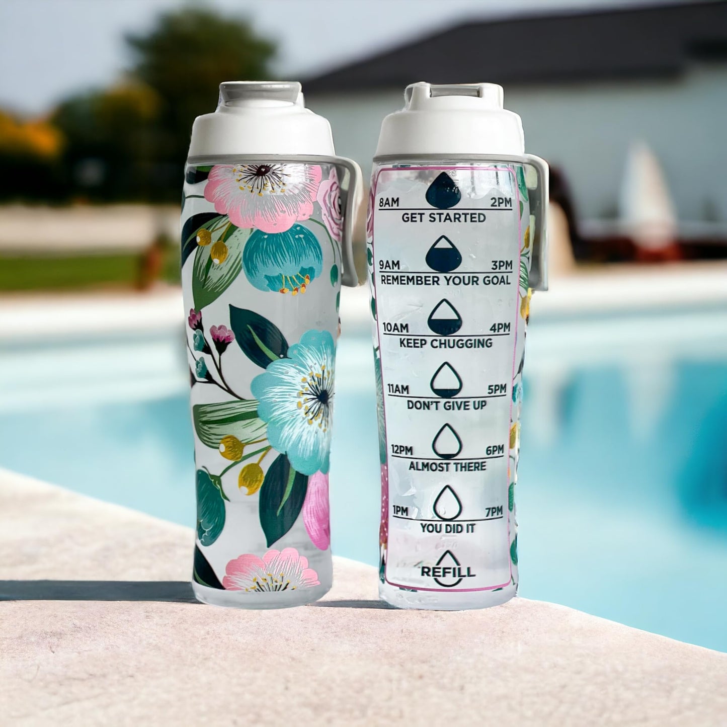 50 Strong Reusable Water Bottle with Time Markers – 30 oz BPA-Free Leakproof Bottle with Chug Cap & Easy-Carry Handle – Made in USA (Pretty Flowers)