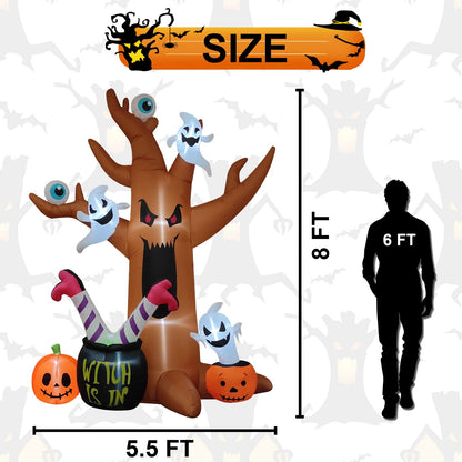 8 Ft Halloween Inflatables Outdoor Decorations - Outdoor Spooky Halloween Tree with Blow up Ghosts, Eyeballs, Pumpkins, Cauldron & Witch Legs - Built-in LED Lights for Outdoor Lawn Decor