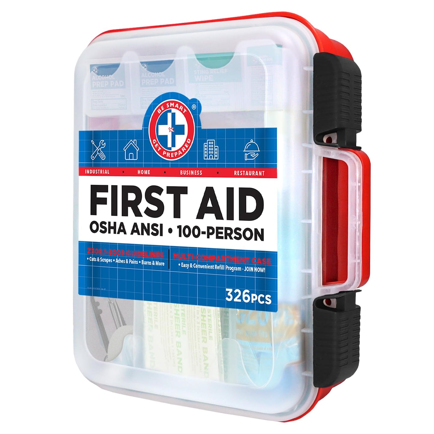 Be Smart Get Prepared First Aid Kit Hard Red Case 326 Pieces Exceeds OSHA and ANSI Guidelines 100 People - Office, Home, Car, School, Emergency, Survival, Camping, Hunting and Sports (20HBC01015REV3)