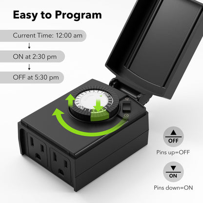 BN-LINK 24 Hour Heavy Duty Mechanical Timer, Outdoor Timer Outlet Waterproof with 30 Minutes Intervals, 2 Grounded Outlets for Christmas Lights Pool Pump,15A 1/2HP, ETL Listed(2 Pack)