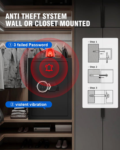 2.8 Cub Home Use Safe Box Fireproof Waterproof, Safety Box with Digital Keypad Sensor Light Key for Hotel Office Money Documents