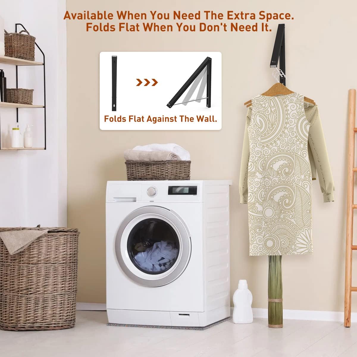 Anjuer Retractable Clothes Rack - Wall Mounted Folding Clothes Hanger Drying Rack for Laundry Room Closet Storage Organization, Aluminum, Easy Installation (Black)