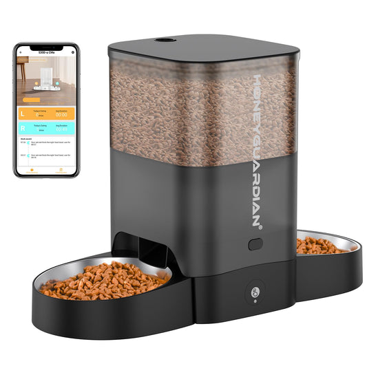 HoneyGuaridan Automatic Cat Feeder for Two Cats, 5G WiFi Smart Feed Pet Feeder with Stainless Steel Bowl,APP Control Dispenser, Dual Power Supply,Desiccant Bag,10s Meal Call Black