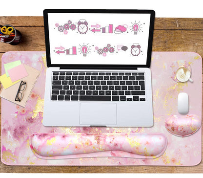 4-in-1 Large Gaming Mouse Pad, Keyboard Wrist Rest Pad & Wrist Support Mousepad Set, Extended Desk Pad Waterproof Desk Mat for Home Office Study Game-Pink Gold Marble