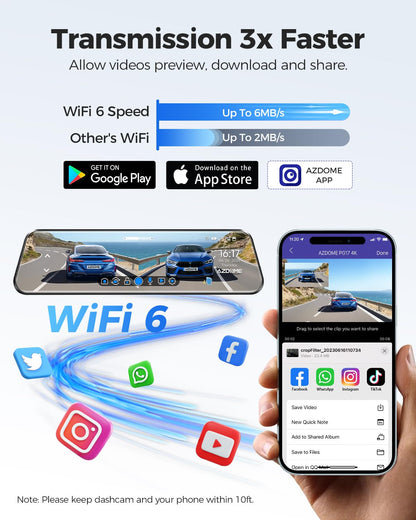 AZDOME PG17 12" 4K Mirror Dash Cam Front and Rear, Wi-Fi 6 Rear View Mirror Camera with 64GB Card, Voice Control Dash Camera for Car, Rearview Mirror Camera with GPS Night Vision Parking Assistance