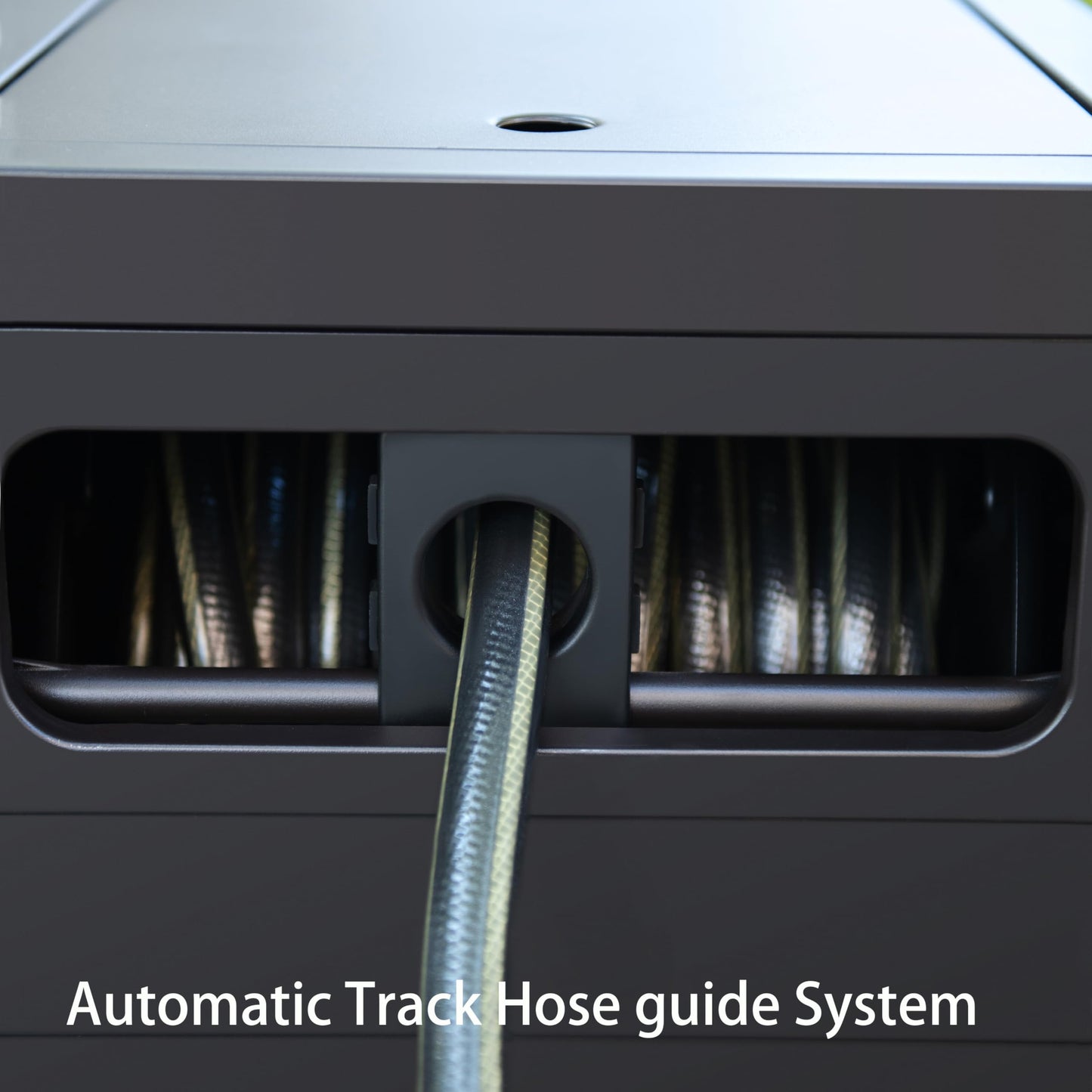 AQUAZILLA Metal Garden Hose Reel Deck box, Durable Steel Garden Hose Storage Box Cabinet, 150ft 5/8" Garden Hose Capacity. - Hose guide Manual Rewind, No-leak aluminum water connections