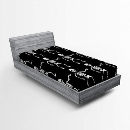 Ambesonne Skeleton Fitted Sheet, Simple Monochrome Pattern of Pointing Funny Spooky Halloween, Bed Cover with All-Round Elastic Deep Pocket for Comfort, Twin Size, Charcoal Grey and White