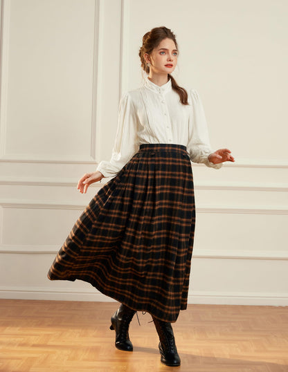 Women Plaid Skirts High Waist Ruffle Skirt Long Skirts with Pockets Orange Plaid S