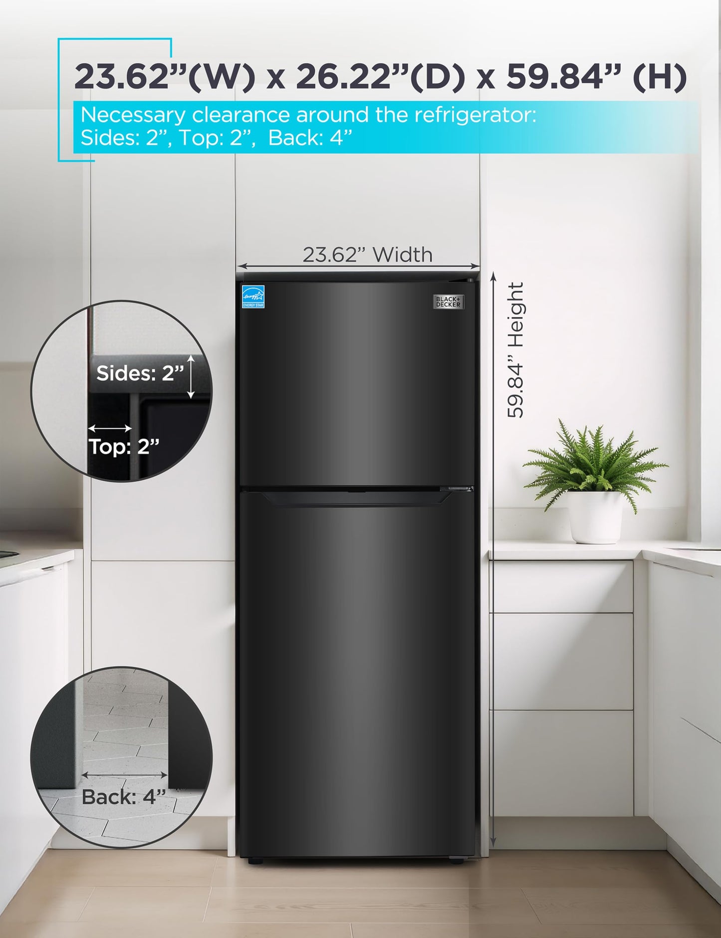 BLACK+DECKER 10 Cu. Ft. Top Mount Refrigerator with Freezer, 2 Door Refrigerator with Top Freezer and Adjustable Temperature Control, ENERGY STAR,BR1000HB, Black