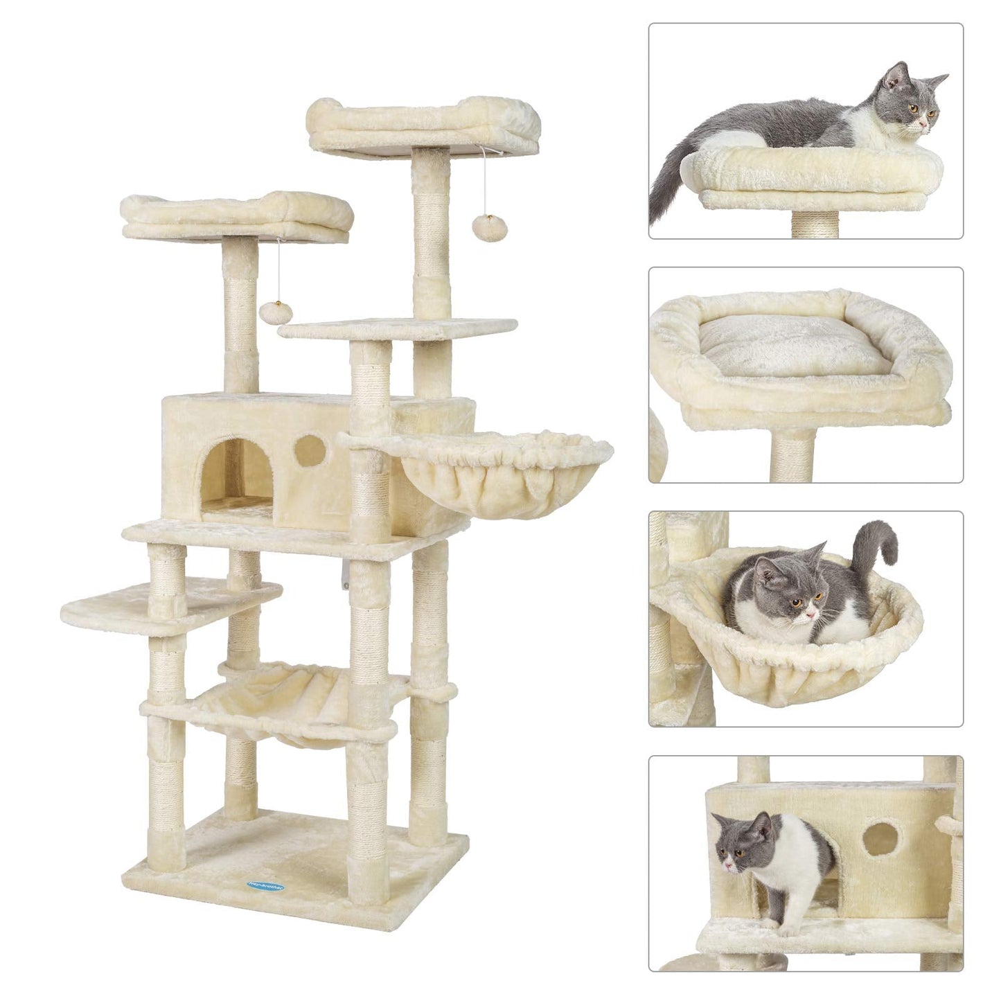 Hey-brother Cat Tree for Large Cats, Cat Tower with Scratching Posts, 2 Padded Plush Perches, Big Condo and Cozy Basket, Beige MPJ025M