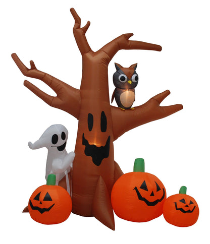 8 Foot Dead Tree with Owl, Ghost and Pumpkins