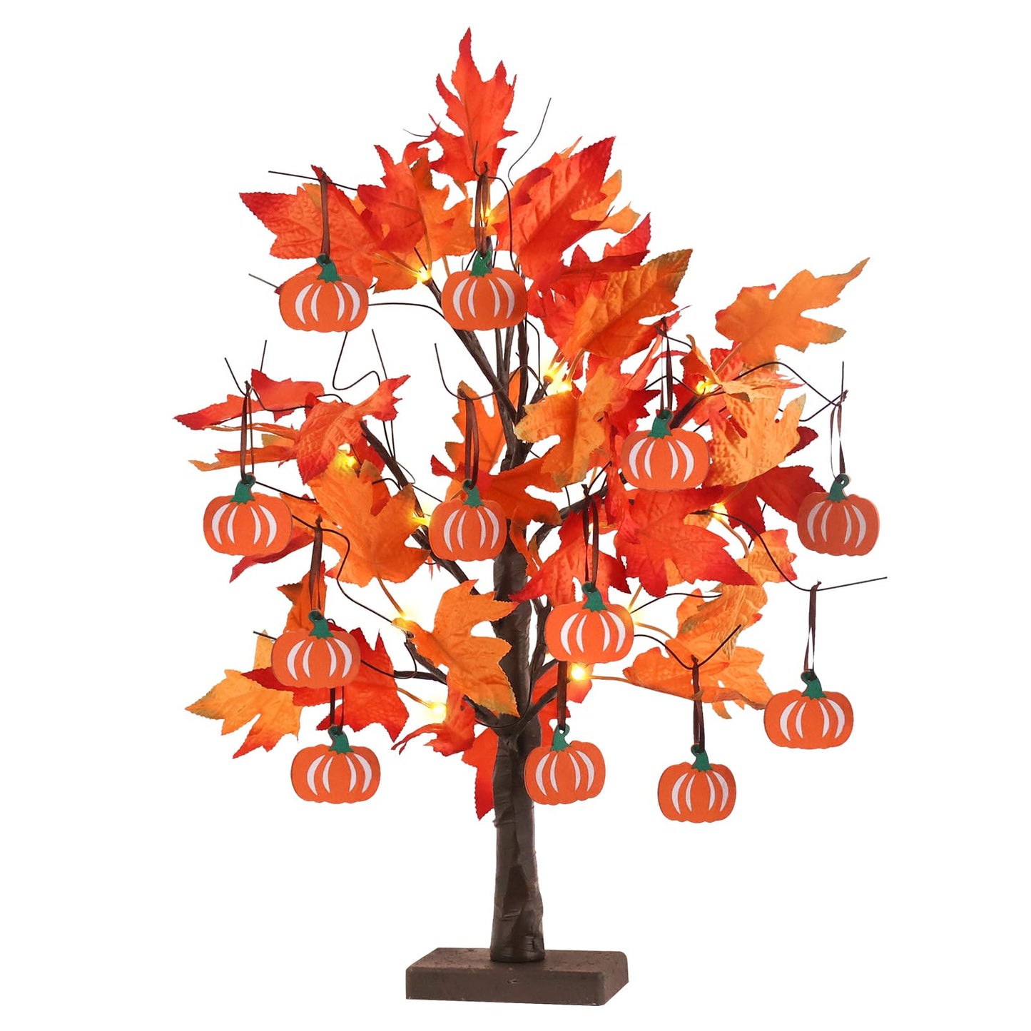 hogardeck Fall Decorations for Home, Thanksgiving Decorations, 24”2FT Lighted Maple Leaves Tree with 24 LEDs & 12 Wood Pumpkin Ornaments, Battery Powered Timer Artificial Trees for Autumn Table Decor