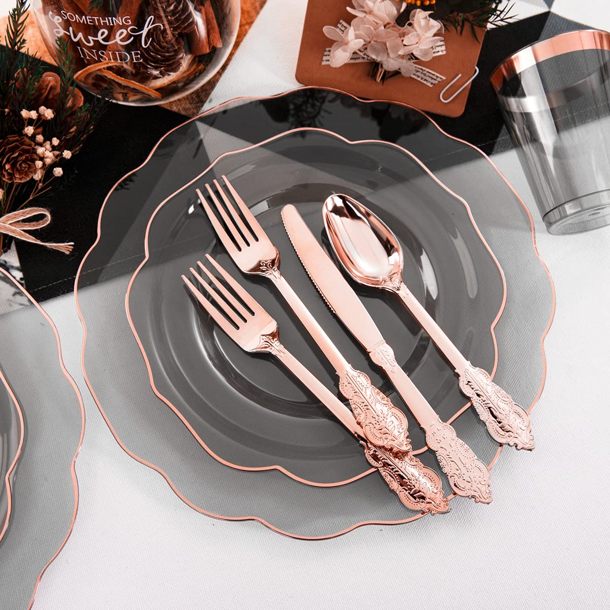 bUCLA 30Guests Clear Black Plastic Plates With Rose Gold Silverware & Cups - Rose Gold Rim Plastic Dinnerware Ideal for Party & New Year