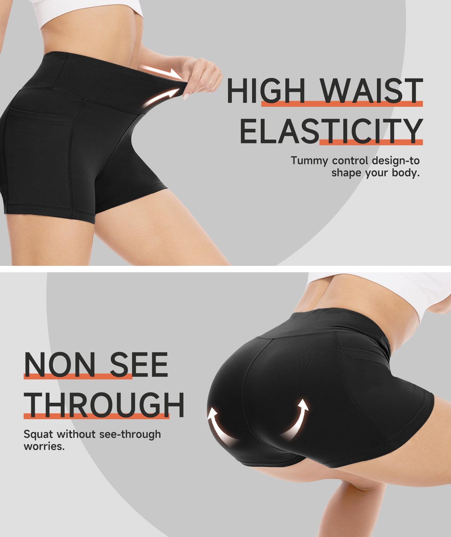 Biker Shorts Women with Pockets - 3"/5"/8" High Waisted Soft Tummy Control Workout Shorts for Yoga Athletic Gym Black