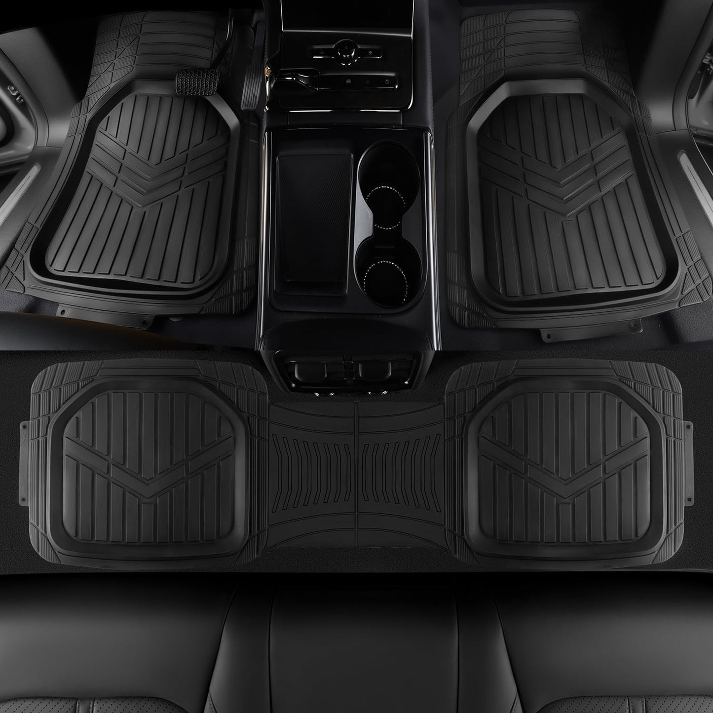 Amazon Basics 3-Piece All-Weather Heavy Duty, Full Set Rubber Floor Mats for Universal Fit in Cars, SUVs, and Trucks, Black, Trim to Customize