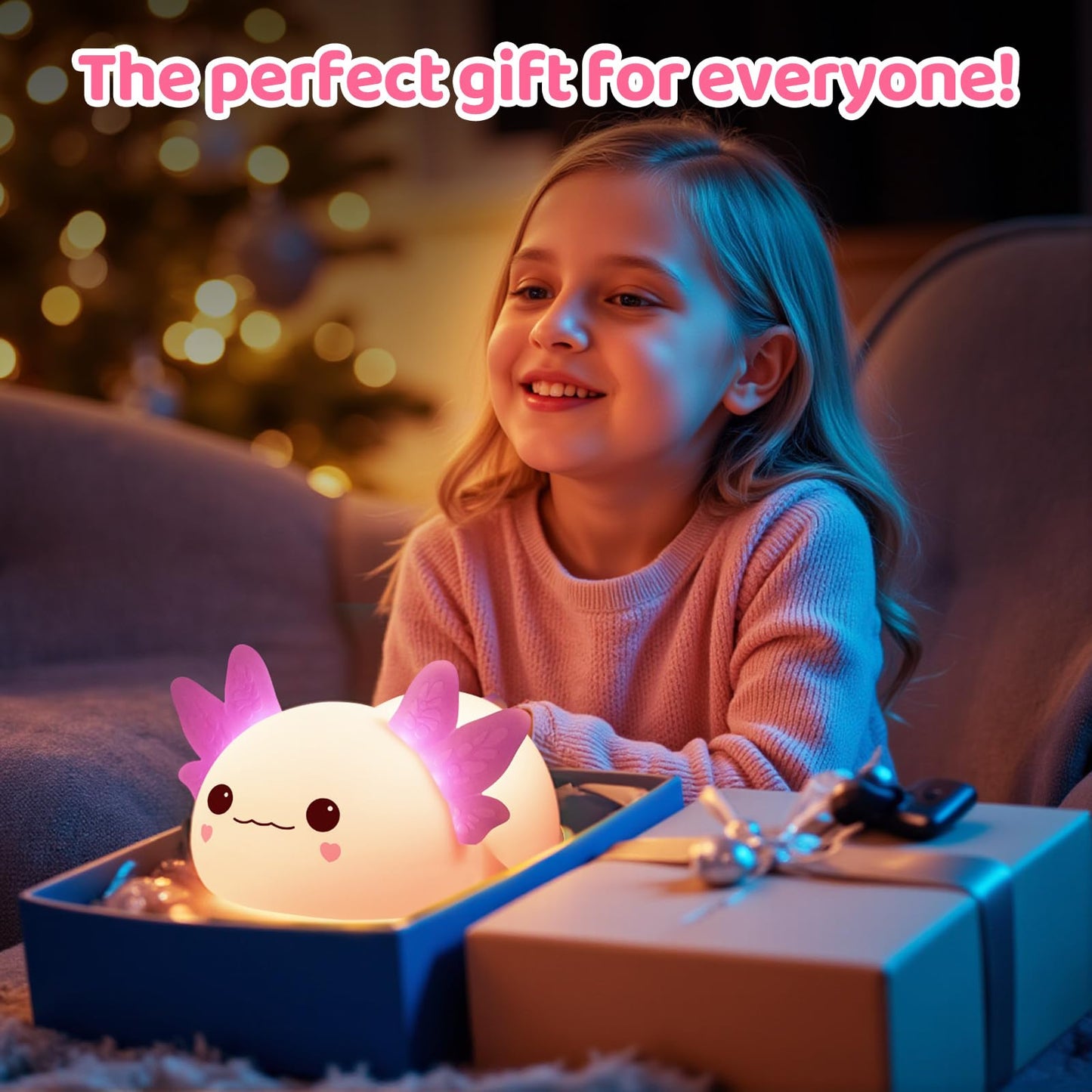 Huggwaii Squishy Axolotl Night Light for Kids, 4 Soothing White Noise Sounds, Dimmable Silicone Axolotl Toddler Lamp, 2025 Upgraded Rechargeable Nightlight, 9H Battery, Baby & Girl Room Decor Gifts