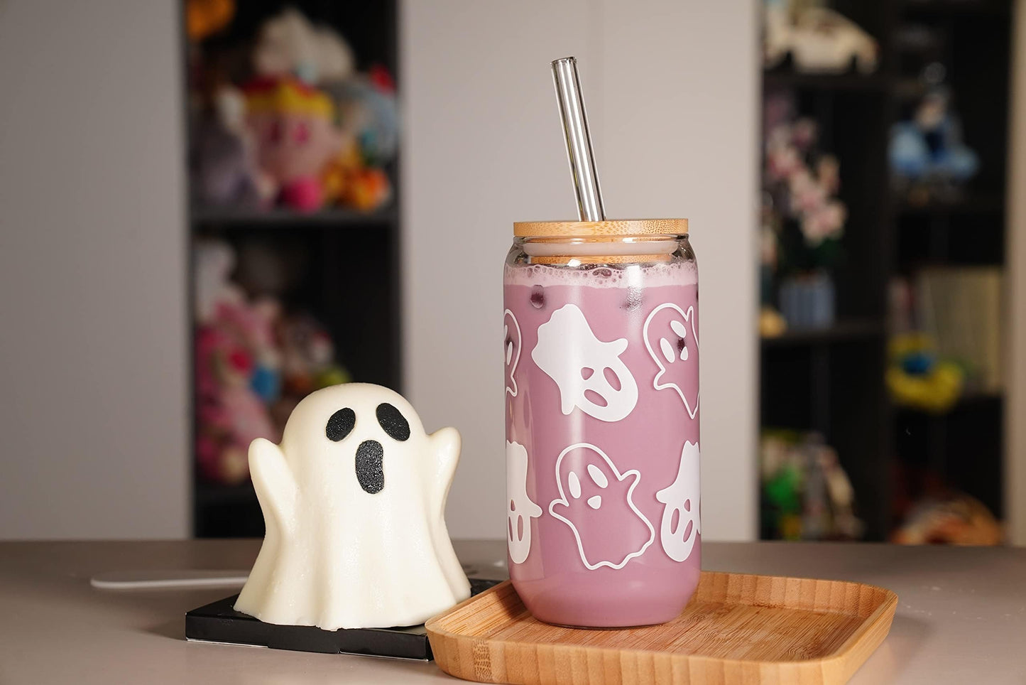 ANOTION Halloween Mugs - 18oz Halloween Ghost Decorations Glass Cups Tumbler for Iced Coffee, Glassware Cookie Jar Decor Gift Drinking Water Bottles