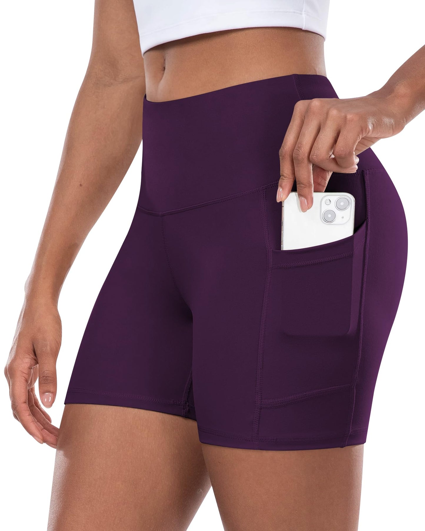 Womens Biker Yoga Shorts with Pocket, High Waisted Tummy Control 5 Inch Workout Spandex Athletic Gym Shorts(Purple,M)