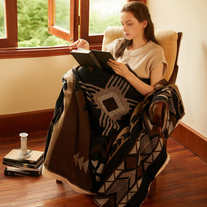Aztec Patterned Throw Blanket with Soft Sherpa Lining, Traditional Southwestern Navajo with Cross Pattern Warm Throw for Camping, Outdoor, Light Weight Cozy Boho Blanket for Couch, Bed, 60”x80”, Brown