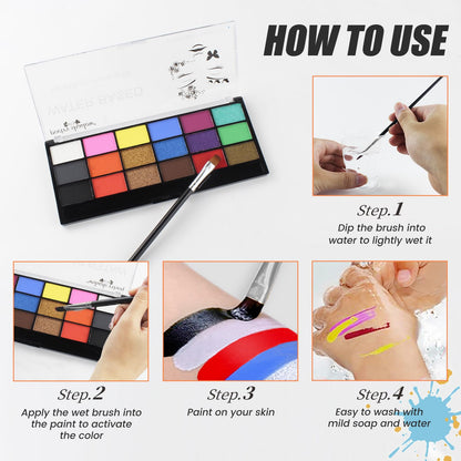 BRIMFULITE Face Painting Kit Non-toxic Body Paint Washable 18 Colors Facepaint Makeup Kit for Adults with 10 Face Paint Brushes for Halloween Party Cosplay Makeup (Color 001)
