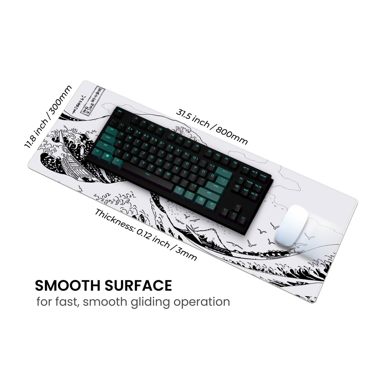 BLITZPAW Long Gaming Mouse Pad 31.5 x 11.8 inches, Extended Anime Mousepad, Large Mouse Mat with Non-Slip Base, Full Keyboard Mat with Stitched Edges for Gaming and Office (Grey White Wave)